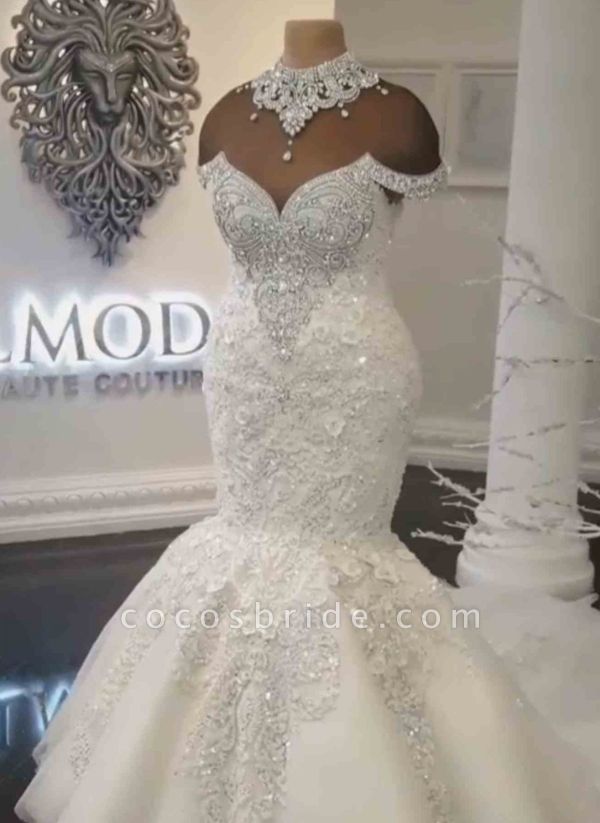 Off-the-Shoulder Appliques Crystals Mermaid Wedding Dress