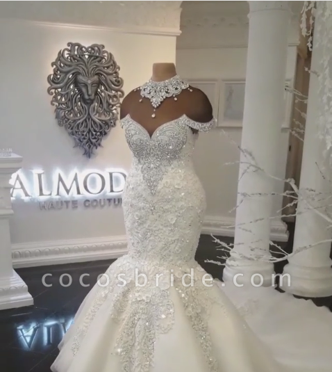 Off-the-Shoulder Appliques Crystals Mermaid Wedding Dress