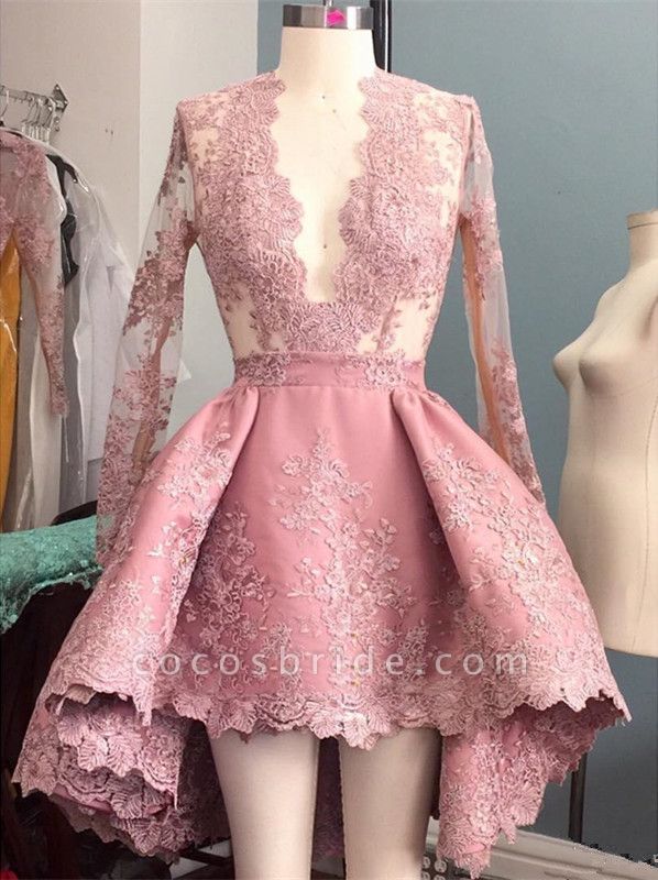 Elegant Short High Low V-Neck Long-Sleeves Pink Prom Dress