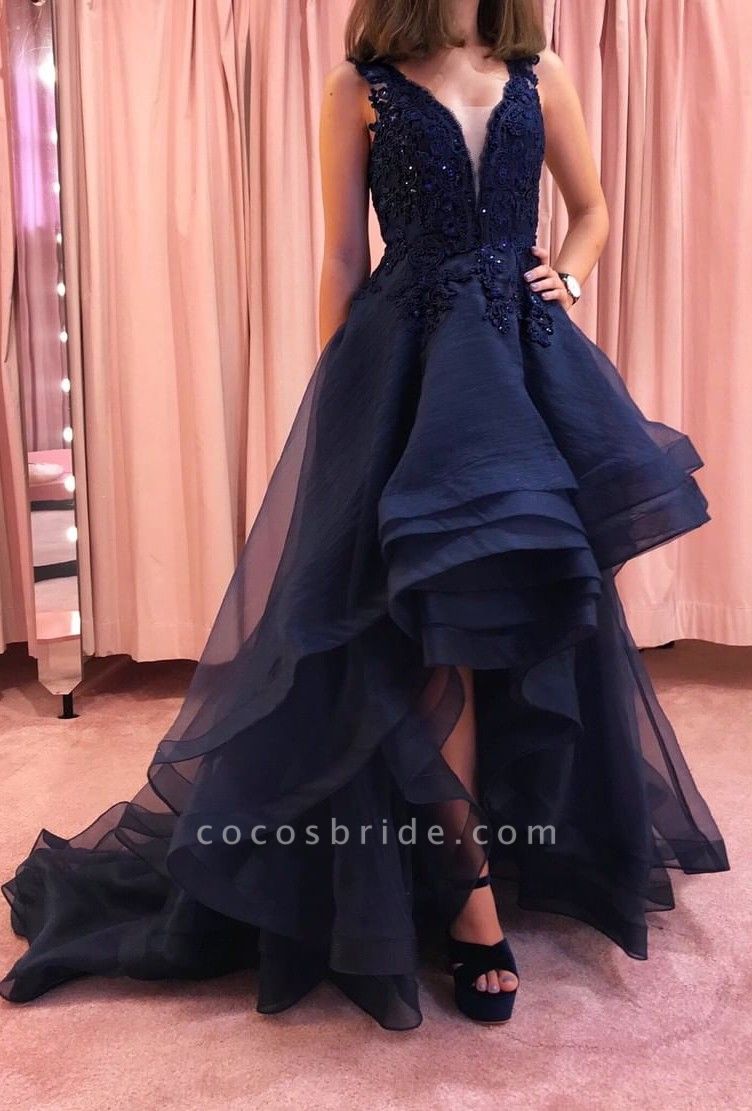Fabulous Black Sequins V-neck Asymmetrical Cascading Ruffles Prom Dresses