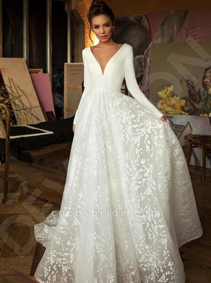Simple Long A-line V-neck Satin Tulle Lace Wedding Dresses with Sleeves