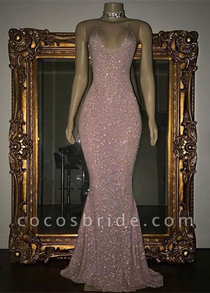 Stunning Long Mermaid Spaghetti Straps Floor-length Sequined Prom Dress