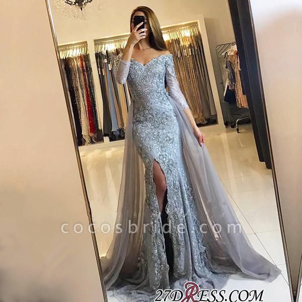 Newest Mermaid Off-the-shoulder Long Sleeves Tulle Prom Dress with Slit