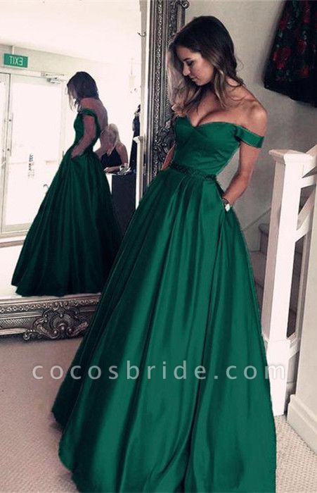 Elegant Long A-line Off-the-shoulder Satin Prom Dress with Pockets