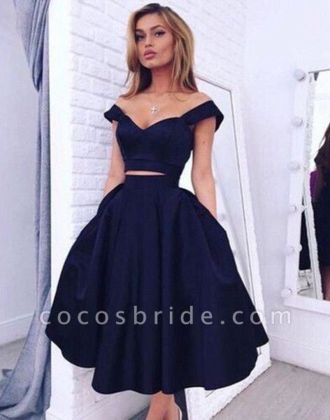 Short A-line Two Piece Off-the-shoulder Prom Dress with Pockets