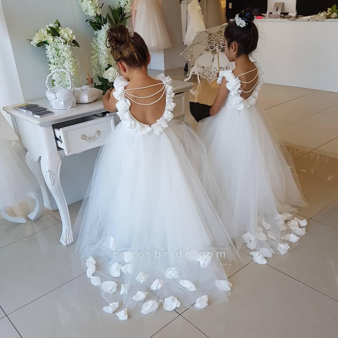 Cute Tulle Appliques Backless Flower Girl Dresses with Pearls