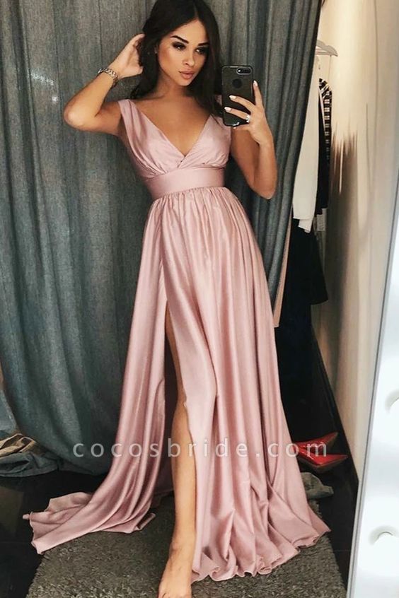 Charming Pink V-neck Sleeveless A-line Prom Dresses with Slit