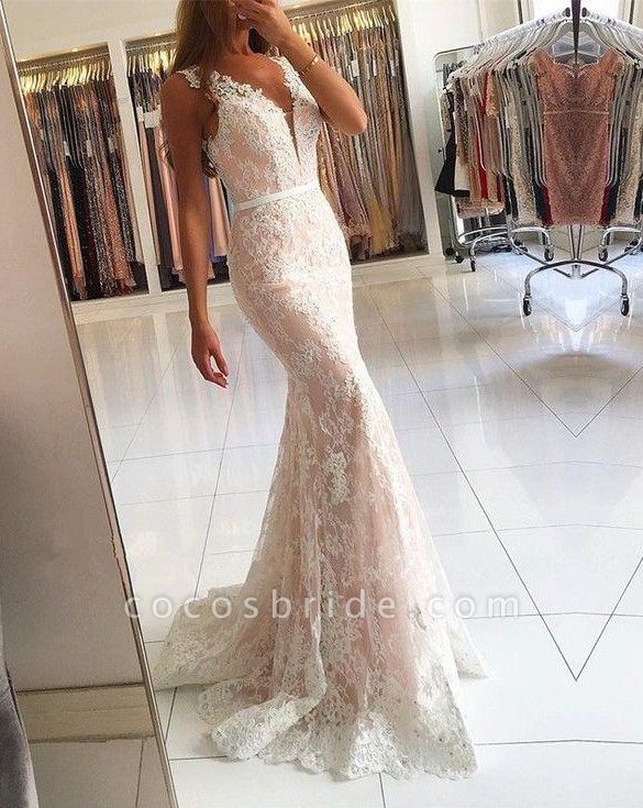 Elegant V-neck Wide Straps Lace Floor-length Mermaid Prom Dress