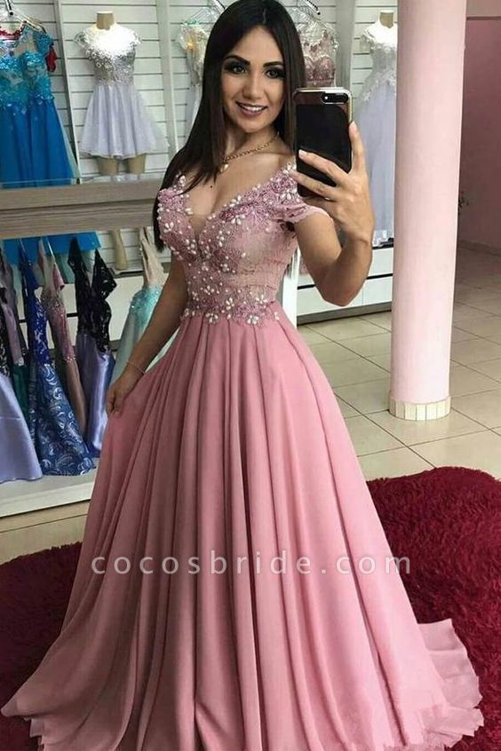 Nectarean Pink V-neck Off-the-shoulder A-Line Prom Dresses