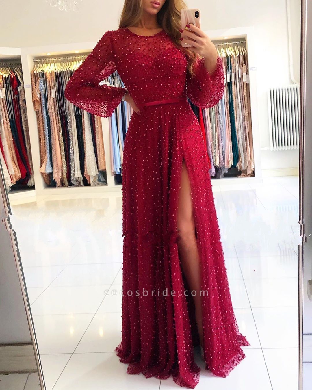Exquisite Red Jewel Long Sleeve A-Line Prom Dresses with Slit
