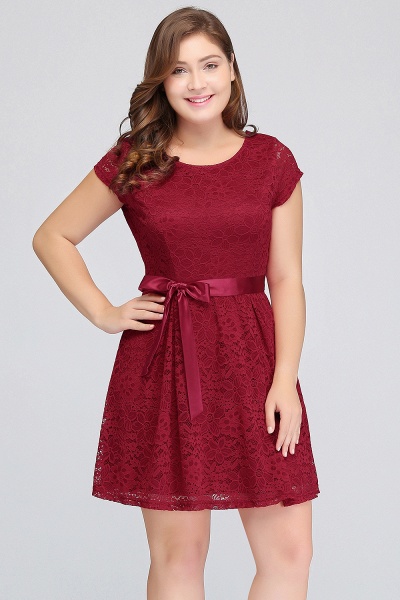 Plus Size Bateau Short Sleeve A-line Lace Short Prom Dress With Bowknot_4