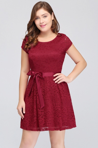 Plus Size Bateau Short Sleeve A-line Lace Short Prom Dress With Bowknot_7