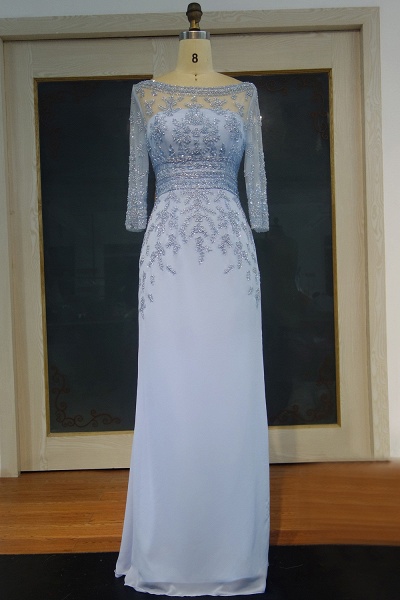 Elegante Abendkleider mit Ärmel Blau Chiffon Bodenlang Abiballkleider Abendmoden_1