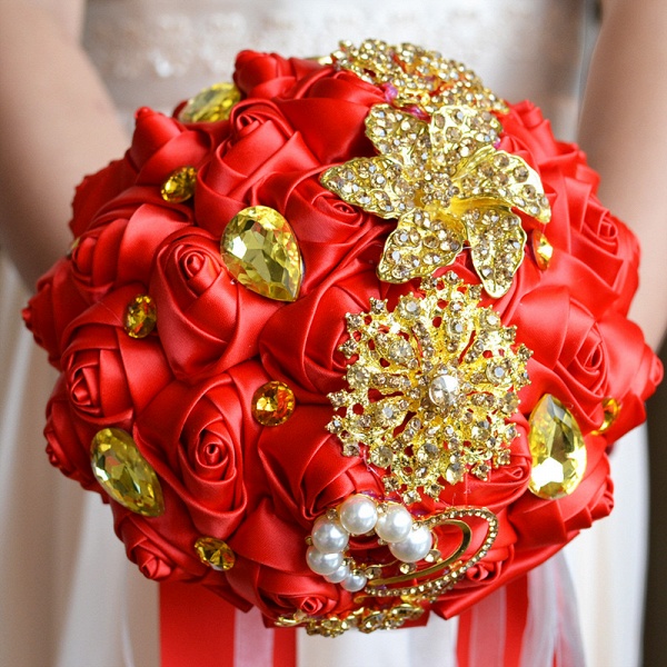 Colorful Silk Rose Crystal Beading Wedding Bouquet_4