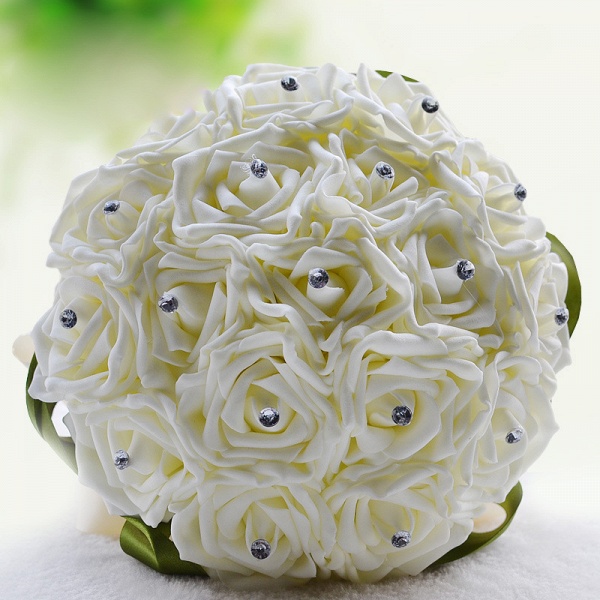 Ivory Silk Beading Rose Bouquet with Colorful Ribbons_4