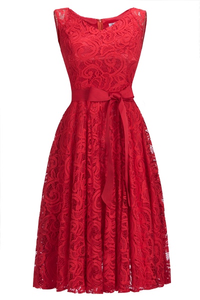 Simple Sleeveless A-line Red Lace Dresses with Ribbon Bow_8