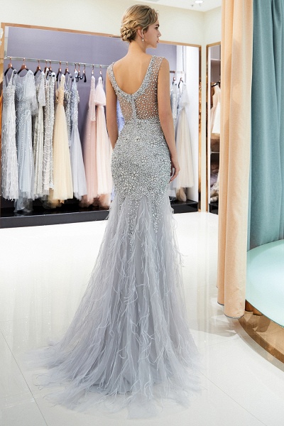 Sleeveless Mermaid Illusion Neckline Crystal Sqeuined Tulle Evening Dresses_3