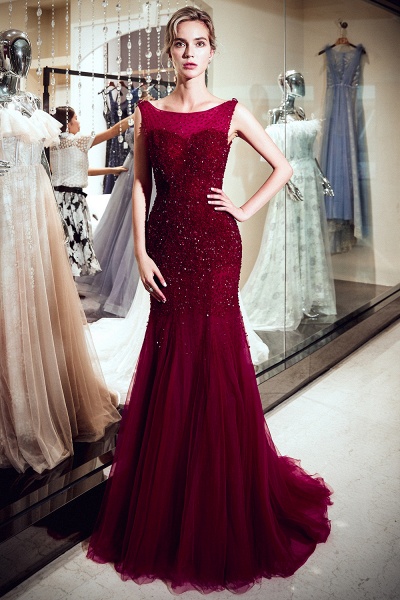 Mermaid Sleeveless Sequined Tulle Burgundy Long Evening Gowns_1