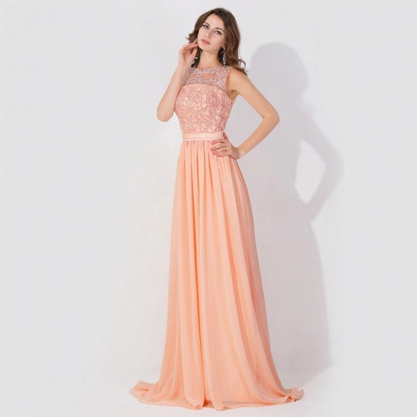A-Line Chiffon Lace Jewel Sleeveless Floor-Length Bridesmaid Dress with Ruffles_3