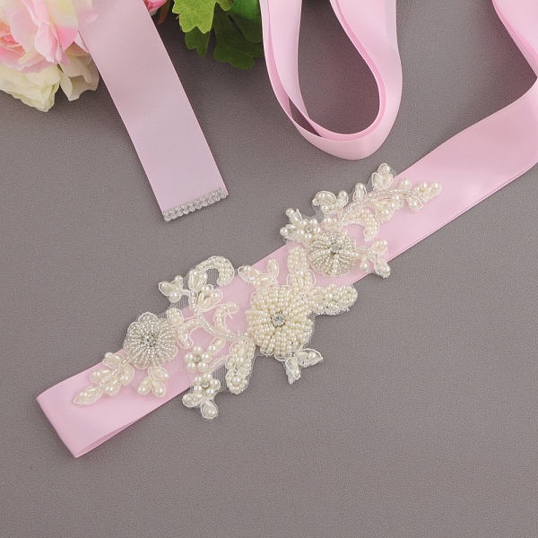 Beautiful Satin Flower Wedding Sash with Pearls_4