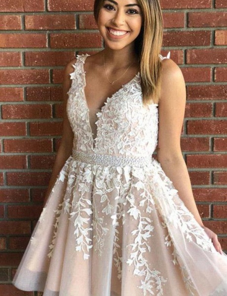 Short A-line V-neck Tulle Appliques Lace Homecoming Dress_1