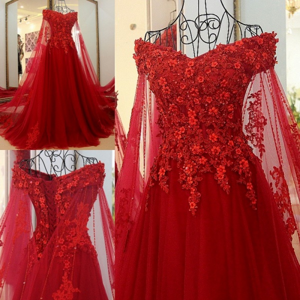 Charming Off-the-shoulder Appliques Beading Tulle A-Line Prom Dress_6