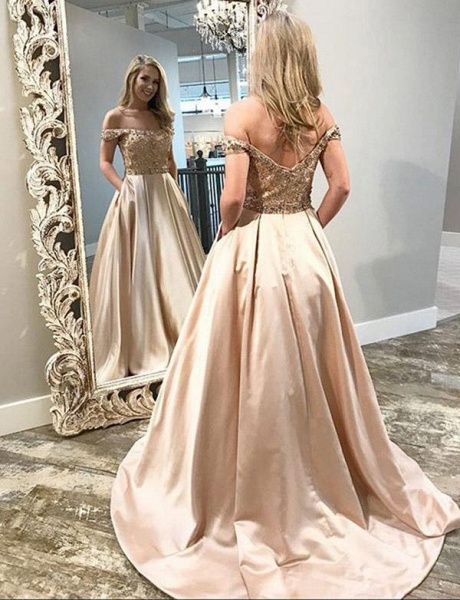 Elegant A-Line Beading Off-the-Shoulder Pocket Floor-Length Prom Dress_3