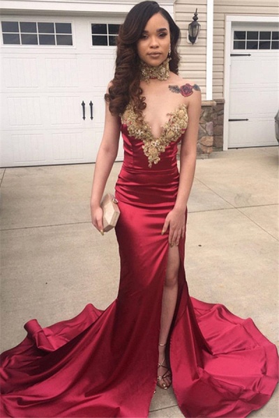 Attractive V-neck Stretch Satin Mermaid Prom Dress_1