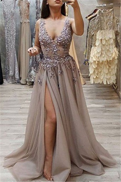 Fascinating Straps Split Front A-line Prom Dress_3