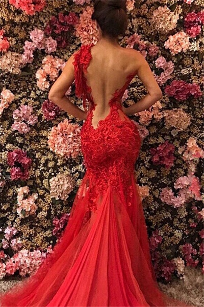 Red Long Mermaid One Shoulder Tulle Lace Backless Prom Dress_1