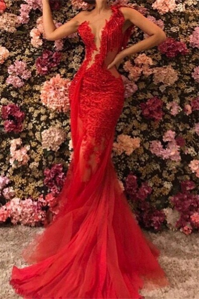 Red Long Mermaid One Shoulder Tulle Lace Backless Prom Dress_2