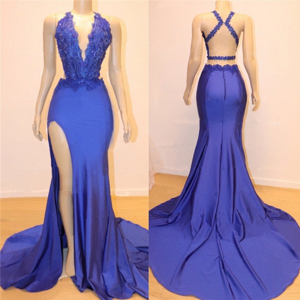 Sexy V-neck Sexy Open back Side Slit Prom Dresses Cheap | Elegant Royal Blue Mermaid Beads Lace Evening Gowns_2