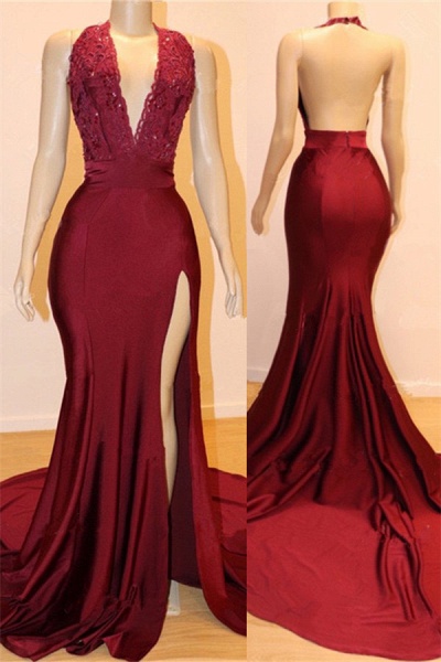 Sexy Backless Burgundy Prom Dresses with Slit | V-neck Halter Affordable Evening Gowns with Court Train_1