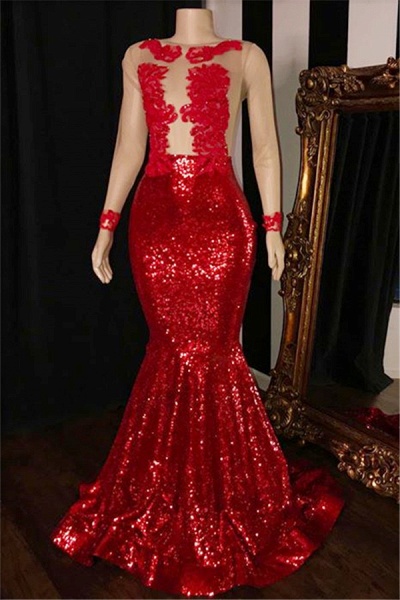 2021 Long Sleeves Sequins Mermaid Prom Gowns | Glamorous Sheer Tulle Red Long Evening Dress_1