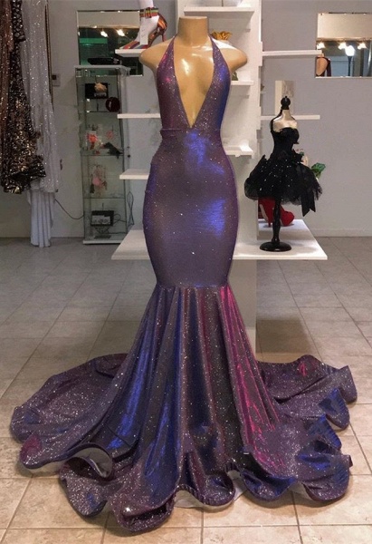 Deep V-Neck Sleeveless Prom Dresses | 2021 Halter Memaiad Sequins Evening Gowns_2
