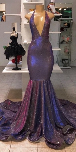Deep V-Neck Sleeveless Prom Dresses | 2021 Halter Memaiad Sequins Evening Gowns_3