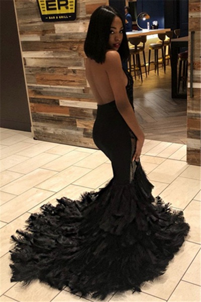 Fabulous Black Long Mermaid Halter Tulle Appliques Lace Prom Dress_2