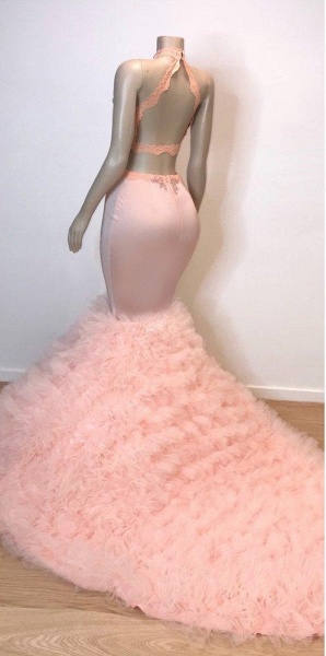 Pink Halter Sleeveless Mermaid Prom Dresses | 2021 Chic Open Back Lace Tulle Evening Gowns_3