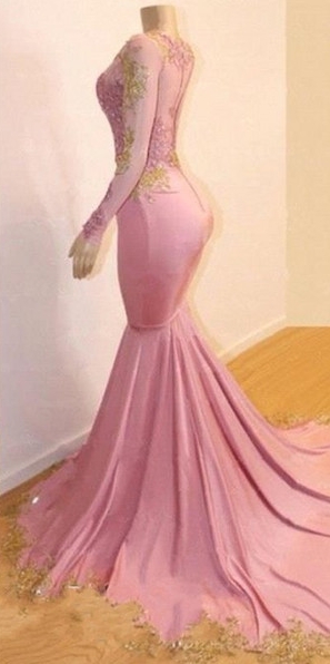 Pink Appliques Long Sleeves Prom Dresses | 2021 Gorgeous Mermaid Evening Gowns_2
