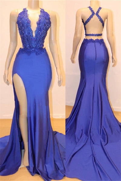 Sexy V-neck Sexy Open back Side Slit Prom Dresses Cheap | Elegant Royal Blue Mermaid Beads Lace Evening Gowns_1