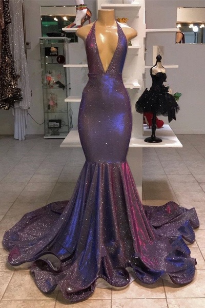 Deep V-Neck Sleeveless Prom Dresses | 2021 Halter Memaiad Sequins Evening Gowns_1