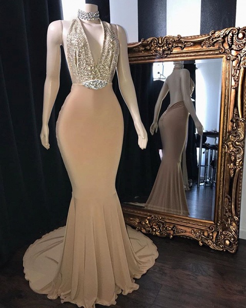 Champagne Crystal Halter Mermaid Long Prom Dresses | Sexy V-Neck Sleeveless Evening Gowns_2