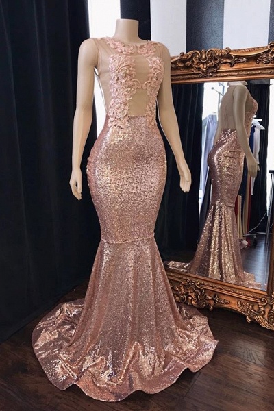 Pink Sequins Appliques Mermaid Prom Dresses | 2021 Sleeveless Sheer Tulle Evening Gowns_1