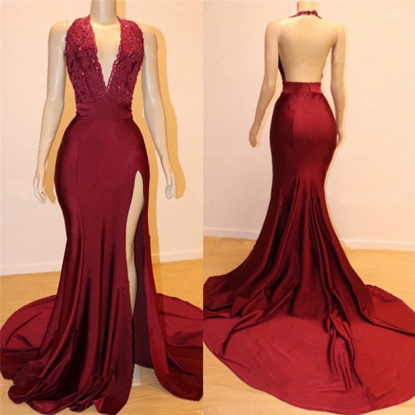 Sexy Backless Burgundy Prom Dresses with Slit | V-neck Halter Affordable Evening Gowns with Court Train_2