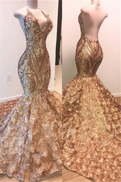 Glamouröses Gold Pailletten Ärmelloses Abendkleid | Glänzende Meerjungfrau-Abendkleider mit Blumenunterseite_1