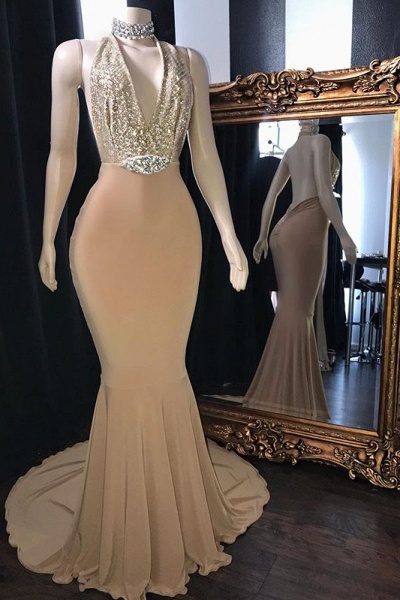 Champagne Crystal Halter Mermaid Long Prom Dresses | Sexy V-Neck Sleeveless Evening Gowns_1