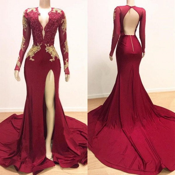 Deep V-neck Long Sleeves Lace Appliques Split Mermaid Evening Gowns_4