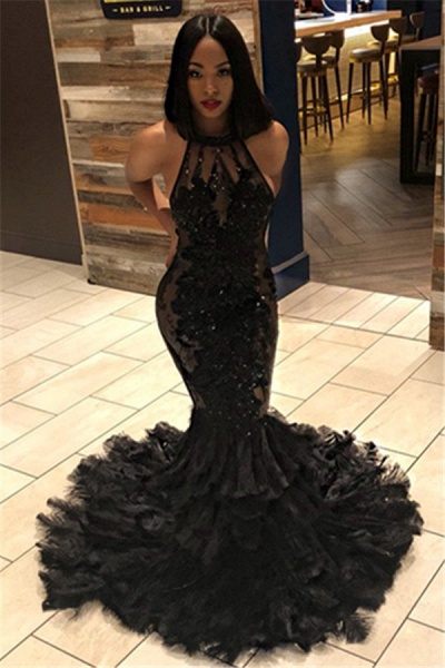 Fabulous Black Long Mermaid Halter Tulle Appliques Lace Prom Dress_1
