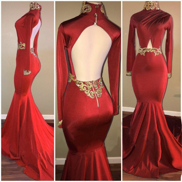 Long Sleeves High Neck Hollow Back Mermaid Prom Dresses_2