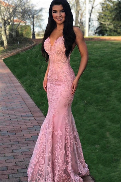 Best Spaghetti Straps Lace Mermaid Prom Dress_1